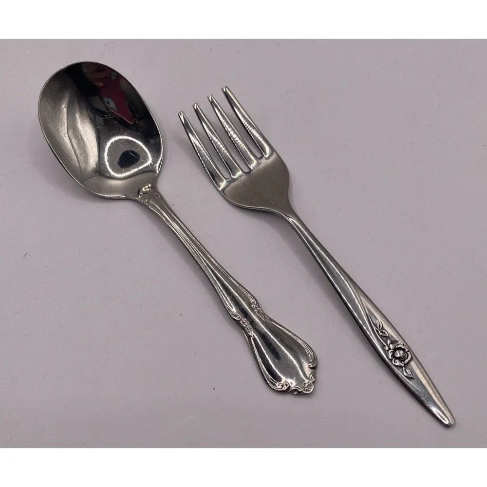 VTG Oneida Craft Deluxe England Stainless Child Toddler Rose Fork Scroll Spoon